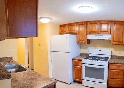 a kitchen with a stove refrigerator and sink
